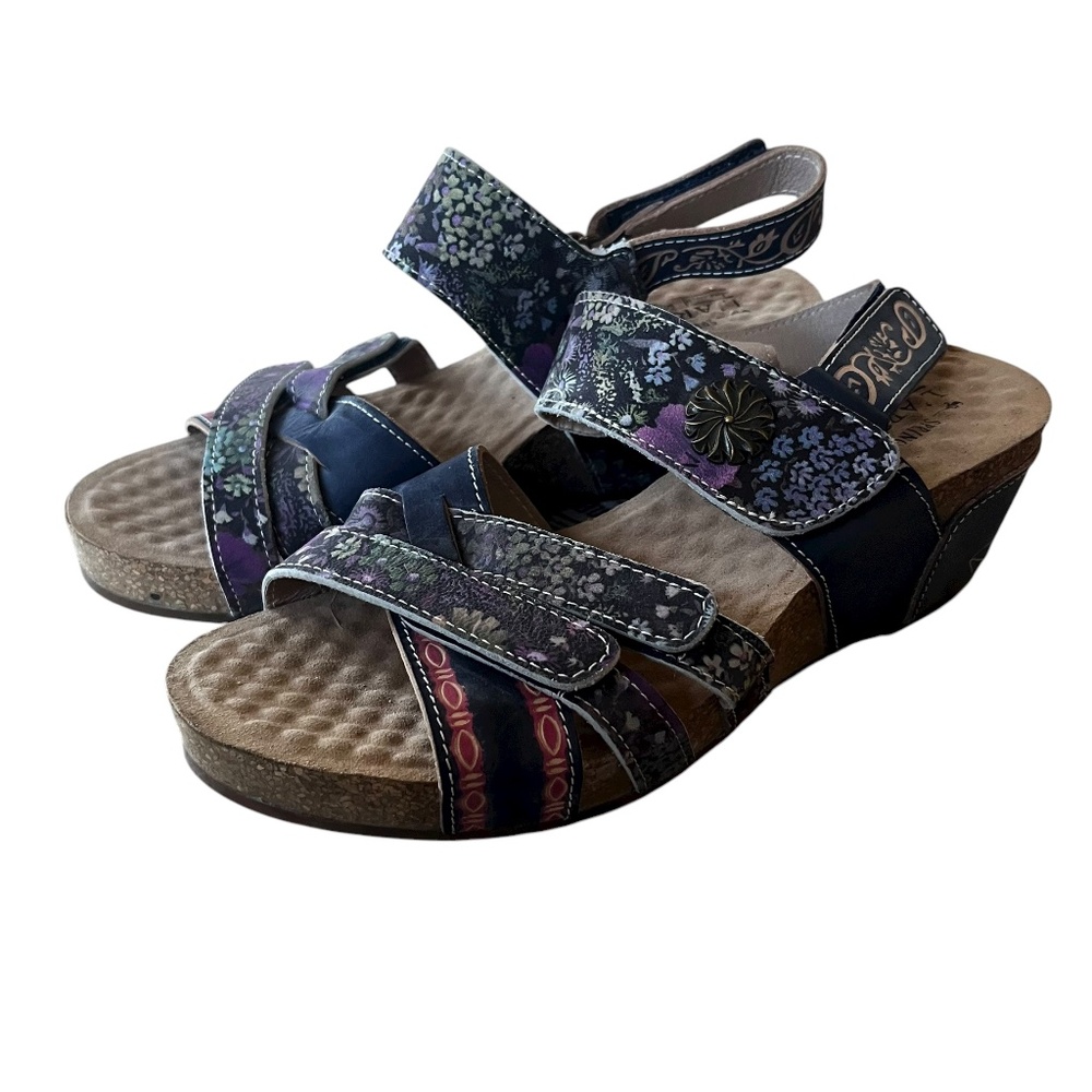 L'artiste By Spring Step Rolzah Blue Multi Floral Leather Wedge Sandal SZ 39 EUC